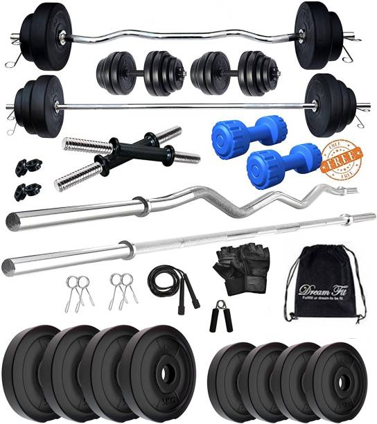 DreamFit 30 kg with 5 ft Straight Rod, 3 ft Curl Rod Free pair of 2 kg pvc Dumbbells Home Gym Kit