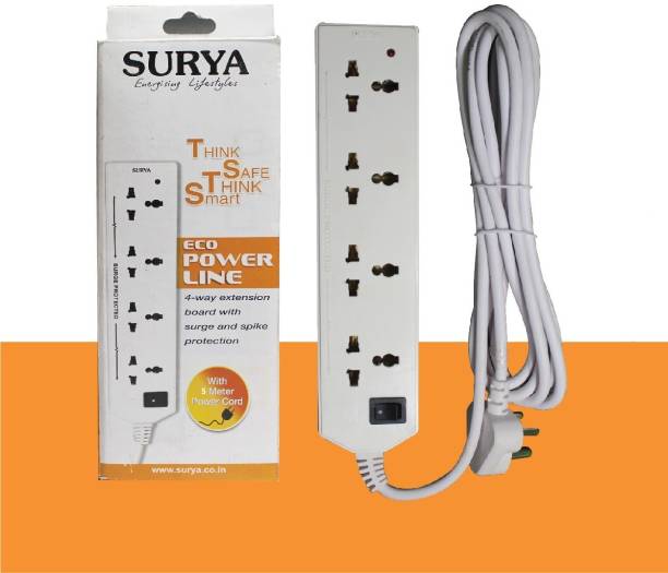 Surya Extension Board with 5m Long Insulated Wire, 4-way Extension Board with Spike and Surge Protection, 4 Socket Long Wire Extension Board 6 A Four Way Electrical Switch
