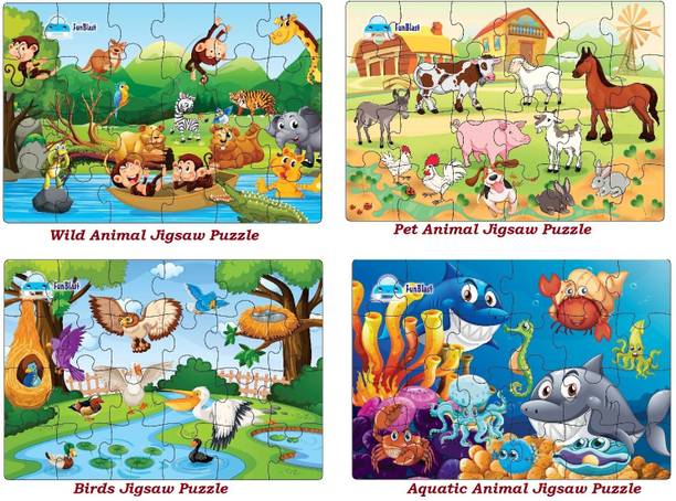 funblast kids puzzles kids animal birds jigsaw floor puzzle age 3 years set 4 96 pcs size 30x22 cm