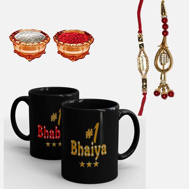 Sublikraft Bracelet Brother and Bhabhi Gift Pack (Designer Lumba Rakhi Set, 2 Printed Coffee Mug, Rakshabandhan) Kundan Rakhi, Mug, Chawal Roli Pack  Set