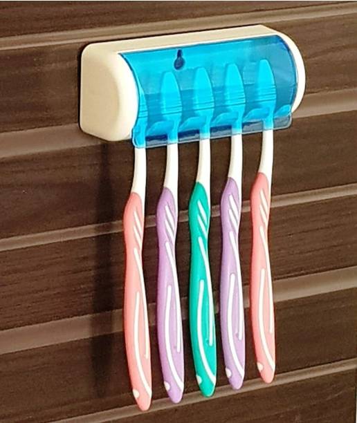WHITEIBIS Plastic 5 Hole Dust-Proof Wall Mounted Toothbrush Holder with Cover Storage Stand for Home Bathroom Accessories Set Plastic Toothbrush Holder