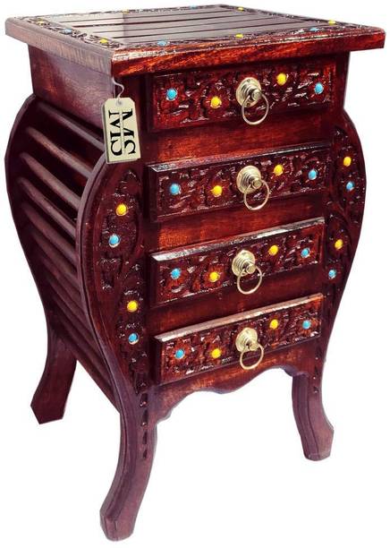 manzees Wooden Floral Carved Brown BedSide, Sofa-Side Table with Pearls and 4 Drawer /Bed Side Table for Living and Bedroom Solid Wood Bedside Table