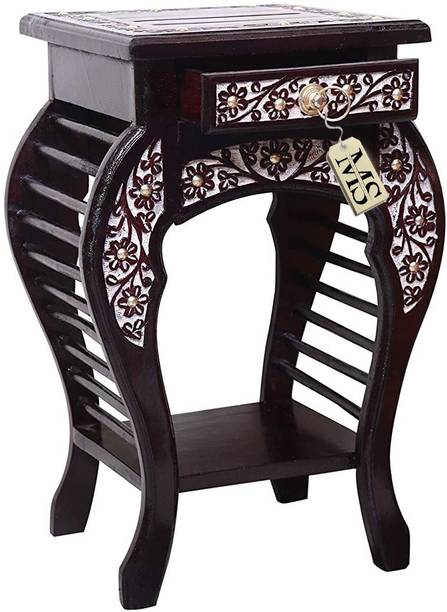 manzees Wooden Floral Carved Black BedSide, Sofa-Side Table with Pearls and Drawer /Bed Side Table for Living and Bedroom/Home Decor Stool with Drawer Black Finish Solid Wood Bedside Table