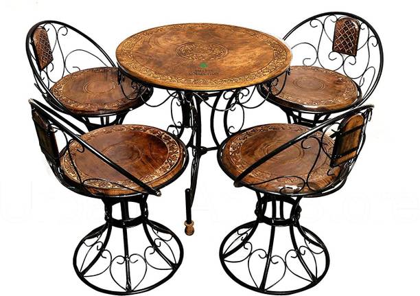Smarts collection Wood & Wrought Iron Decorative Mooda Chairs with Foldable Round Table (Set of 5) Metal 4 Seater Dining Set