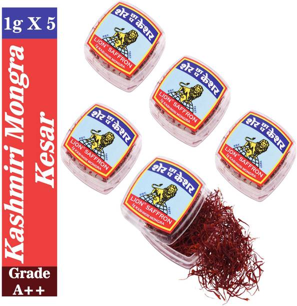 LION Saffron 1g Pure Kashmiri Mongra Kesar Value Pack Grade A++ for Pregnant Women, Pooja, Biryani, Tilak, Milk and Skin (Pack of 5)