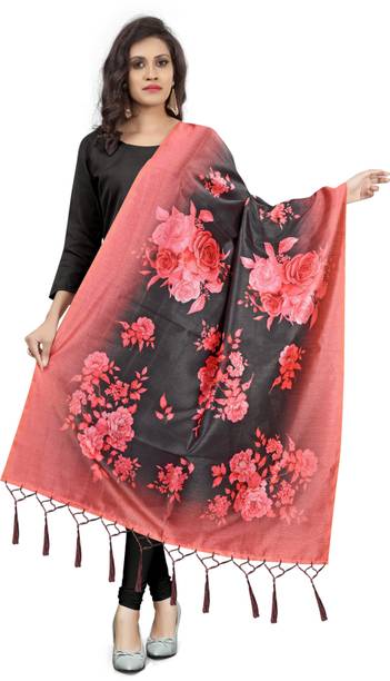 Art Silk Floral Print Black, Pink Women Dupatta