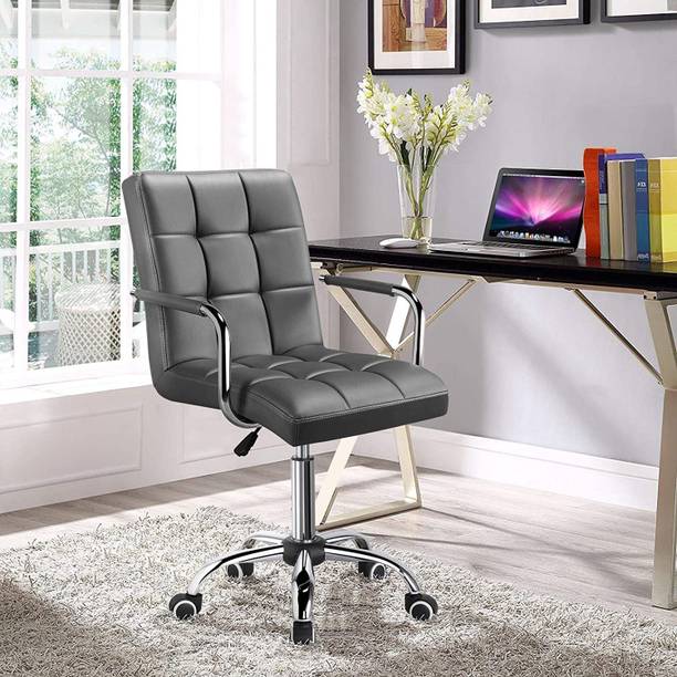 Finch Fox PU Leather Height Adjustable Swivel Office Computer Barstool Armrest Desk Office Chair 360 Degree Rotate with Chrome Coated Metal Base and Castor Wheels Dark Grey Color Leatherette Office Executive Chair