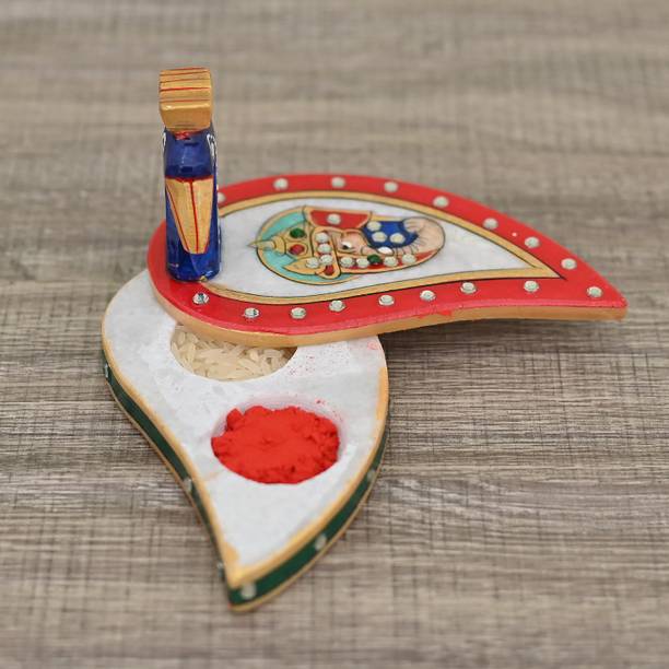 Craftam Craftam Marble Blue Peacock Shape Rajasthani Handicrafts Roli Chawal Kumkum Box Decorative Showpiece  -  7 cm