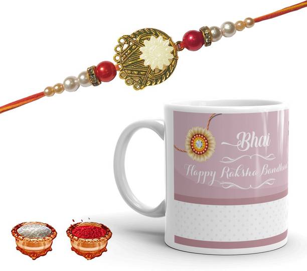 Thread Rakhimug-9-P2 Assorted Rakhi, Mug, Chawal Roli Pack Set by MaaPrints