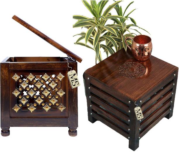 manzees Wooden Storage and Non-Storage Side Table Combo Set of 2 Beautifull Handmade Brass Cutting Design ( 12 inch by 12 inch ) Solid Wood Side Table