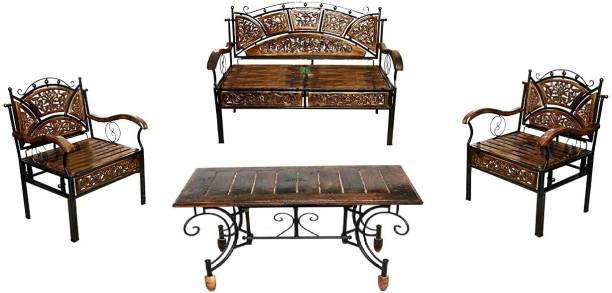 Smarts collection Wood & Wrought Iron Sofa Set with center table ,4 Seater for Living Room Bedroom Office Porch Garden Balcony Leatherette 2 + 1 + 1 BROWN Sofa Set