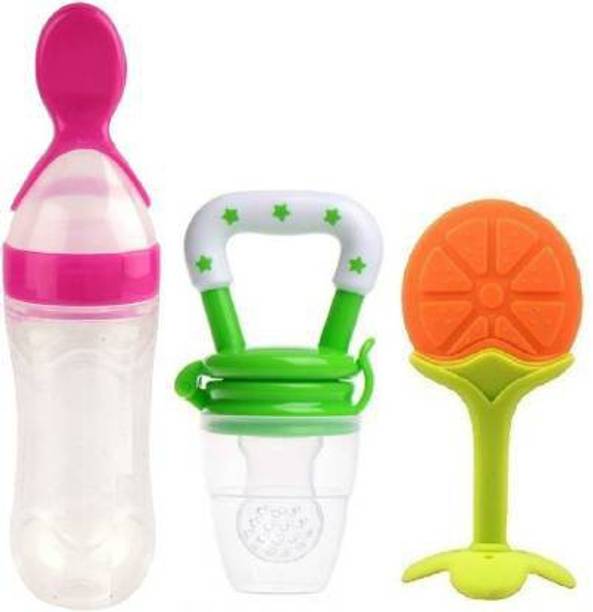 Saraswati kart Baby fruit nibbler with fruit teether & spoon feeding bottle for feeding (Set 3)  - Silicone