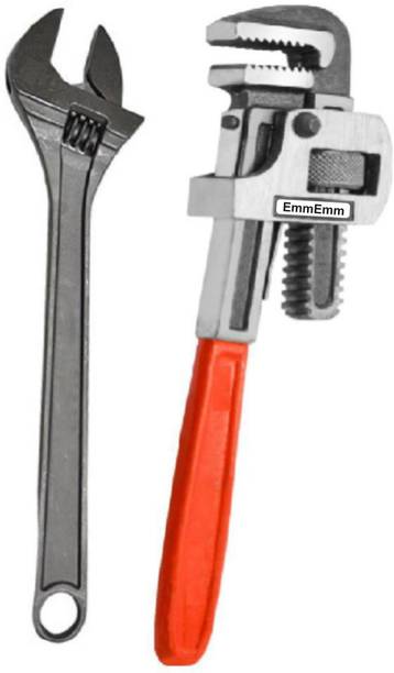 EmmEmm Super Combo of 10 Inch Drop Forged Pipe Wrench & 8 Inches Adjustable Wrench 10 Inch Pipe Wrench + 8 Inch Adjutsable Wrench Single Sided Pipe Wrench