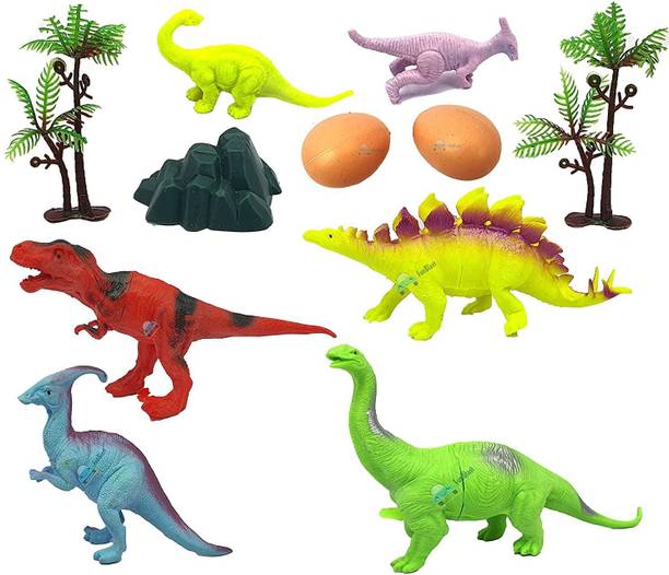 FLYmart Dinosaur Toy Set of 12 PCS for Kids With SMALL Egg | Dino World Toys Create Your Jungle with Dinosaur Animals Toys Set having 2 TREES| A world of DINO Awaits you | Jurassic Park Dino rare pack | Wild Animal Action Figure Set (Muticolor)