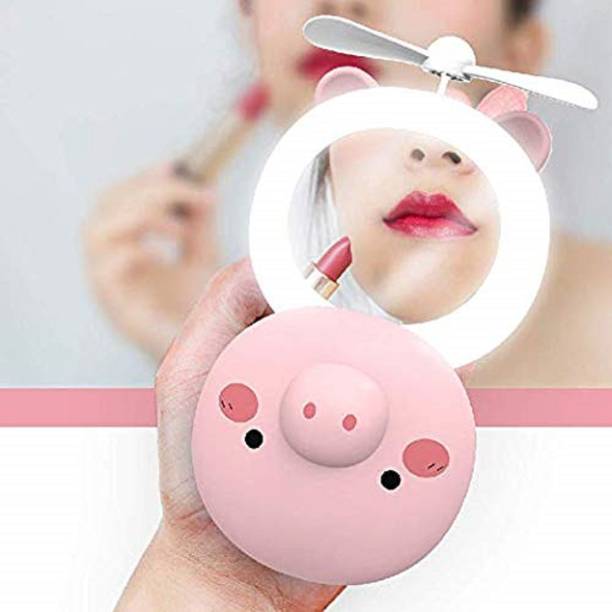 AZACUS Mini Mirror Makeup Beauty Light Fan for ( Women/Girls ) 3 in 1 USB Rechargeable Makeup Mirror + LED Light + Folding Fan USB Fan, Led Light ( Multicolor )