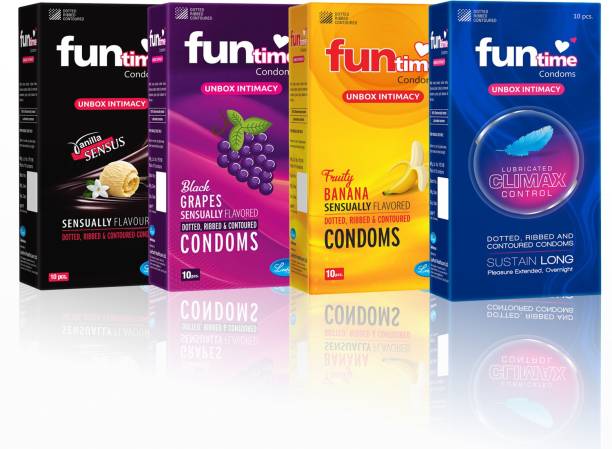 Funtime Lubricated Dotted & Ribbed Combo Pack 10pcs Each(Black Grapes,Banana,Vanilla & Climax Control) Condom