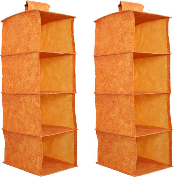 Ganpati Bags Leheriya Design Non Woven Hanging 4 Shelves Foldable Wardrobe/Closet Cloth Organizer Closet Organizer