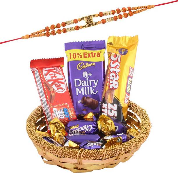 Cadbury Lovely Chocolate Gift Celebration | Premium Om Rakhi Gift On Blessing Festival | Rakhi With Premium Chocolates | Premium Rakhi Gift | Designer rakhi | PREM OM21 | 314 Combo