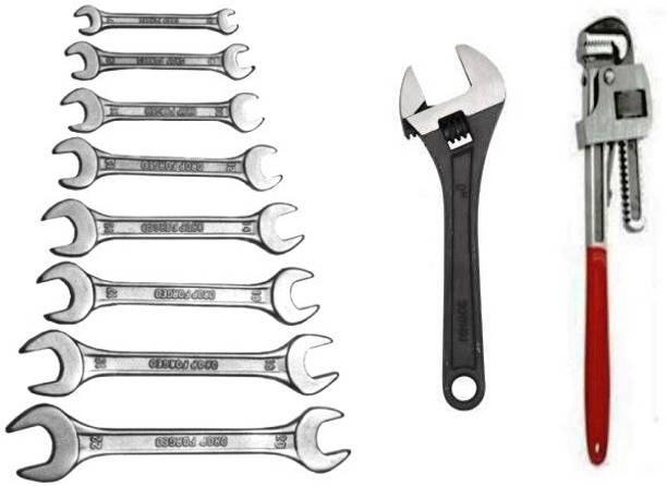 DHATRI TOOLS 8 PCS DOE SPANNER SET,8 INCH ADJUSTABLE,14 INCH PIPE WRENCH Double Sided Open End Wrench