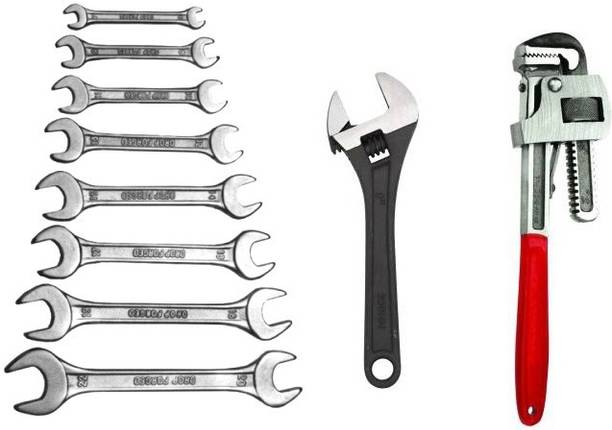 DHATRI TOOLS DOE Spanner Set of 8 Pcs With Rack (6x7,?8x9,10x11,12x13,14x15,16x17,18x19,20x22 ),8 INCH ADJUSTABLE,12 INCH PIPE WRENCH Double Sided Open End Wrench