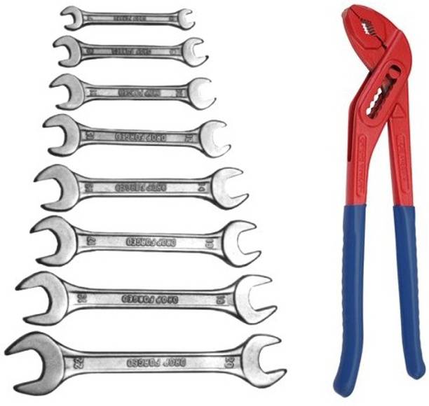 DHATRI TOOLS DOE Spanner Set of 8 Pcs With Rack (6x7,?8x9,10x11,12x13,14x15,16x17,18x19,20x22 )10 INCH WATER PUMP PLIER Double Sided Open End Wrench