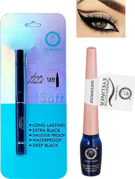 COLORS QUEEN Waterproof Glitter Eyeliner With Long Lasting Deep Black Kajal (Blue)