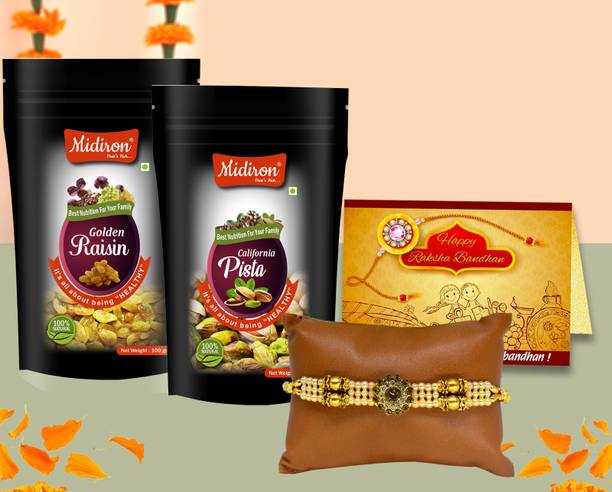 Midiron Rakhi gift for Brother, Rakhi With dry fruits (Pista & Raisin) with Card, Rakhi gift for Brother, Rakhi for Brother (Designer Rakhi, Pista, Raisin (100 gm each) Combo