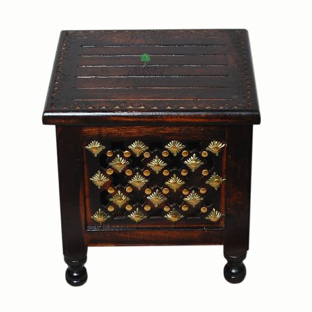 Smarts collection Beautiful Antique Wooden Stool with Brass Cutting Design Storage Stool for Living Room and Bedroom Furniture (Brown 15x15x15 Inches) Solid Wood Corner Table (Finish Color - Brown, Pre-assembled) Solid Wood Side Table