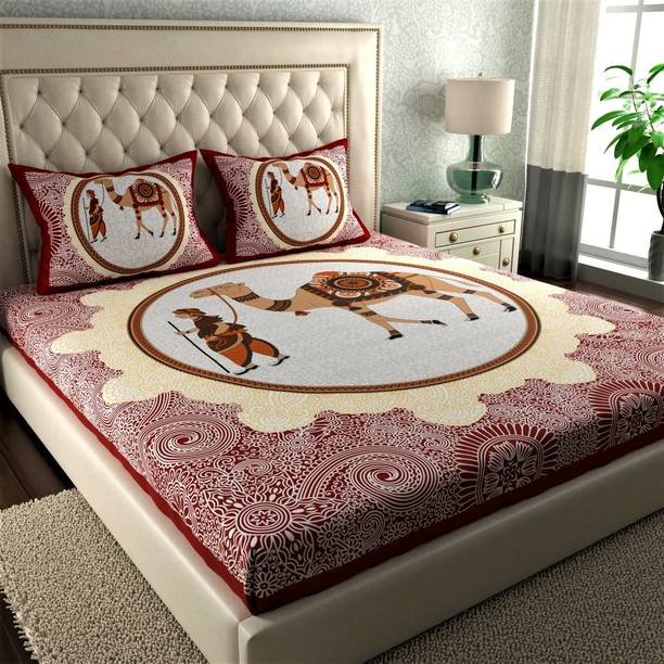 LA VERNE 144 TC Cotton Double Jaipuri Prints Flat Bedsheet