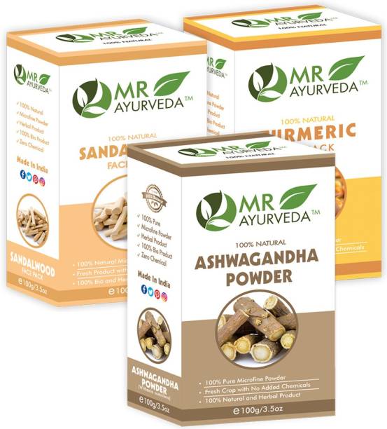 MR Ayurveda Ashwagandha Powder, Sandalwood Face Pack Powder & Turmeric Face Pack Powder - Pack of 3
