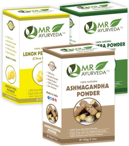MR Ayurveda 100% Herbal Ashwagandha Powder, Lemon Peel Powder & Aloe Vera Powder - Set of 3