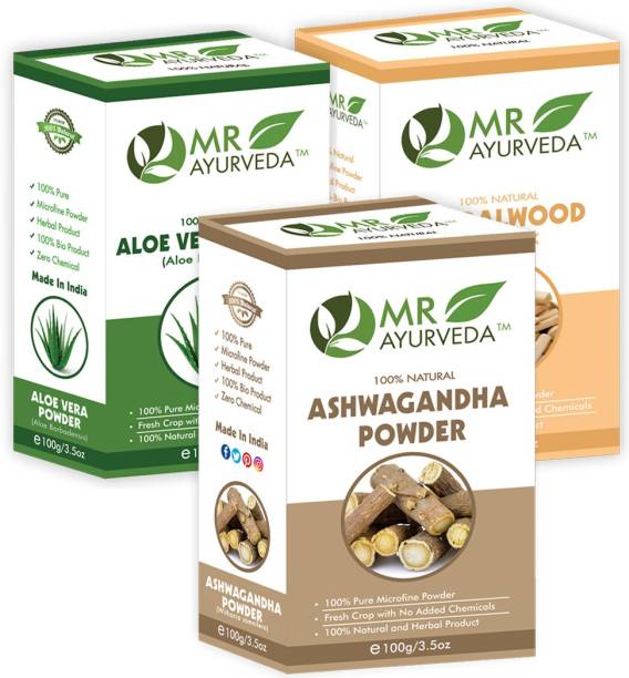 MR Ayurveda Ashwagandha Powder, Aloe Vera Powder & Sandalwood Face Pack Powder - Set of 3