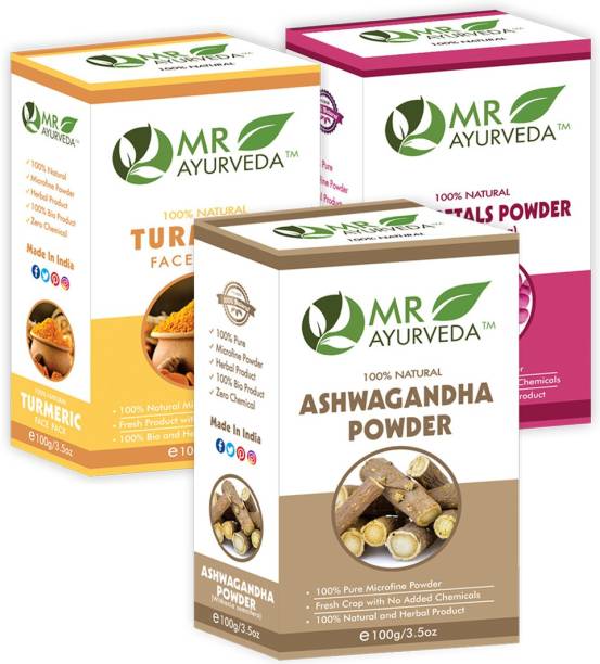 MR Ayurveda Ashwagandha Powder, Turmeric Face Pack Powder & Rose Petals Powder - Set of 3