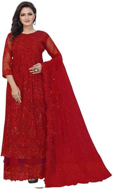 Semi Stitched Net/Lace Gown/Anarkali Kurta & Bottom Material Embroidered