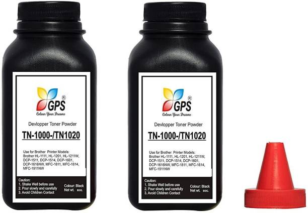 GPS Colour Your Dreams Refill TN-1020 Toner Powder Refill for Brother HL-1111, HL-1201, HL-1211W, DCP-1511, DCP-1514, DCP-1601, DCP-1616NW, MFC-1811, MFC-1814, MFC-1911NW Pack Of 2 Bottle With Nozzle 80gm Black Ink Toner Powder