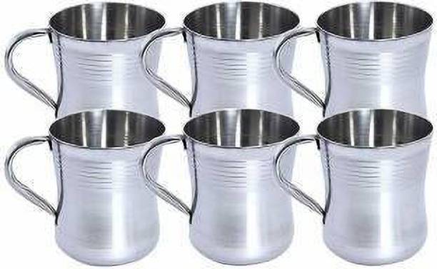 JOYYLS (Pack of 6) Stainless Steel Damru Cup/Glassy/Mug for Coffee and Tea - Set of 6 Piece - 250 ml Each (Silver) (Made in India) Glass Set (250 ml, Steel) Stainless Steel Coffee Mug