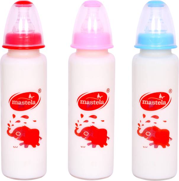 mastela Premium Quality High Borosilicate Glass Feeding Bottle/Feeder with Ultrasoft Flow Control Nipple for New Born Babies/Infants/Toddler (Red, Blue &amp; Pink, 250ml/8Oz) - 250