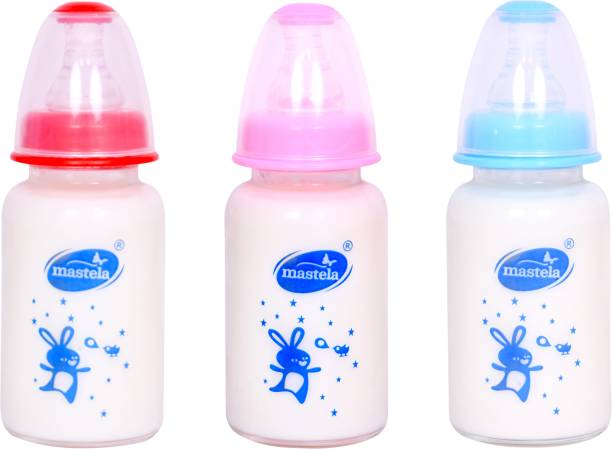 mastela Premium Quality High Borosilicate Glass Feeding Bottle/Feeder with Ultrasoft Flow Control Nipple for New Born Babies/Infants/Toddler (Red, Blue &amp; Pink, 125ml/4Oz) - 125