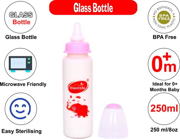 mastela Premium Quality High Borosilicate Glass Feeding Bottle/Feeder with Ultrasoft Flow Control Nipple for New Born Babies/Infants/Toddler (Pink, 250ml/8Oz) - 250