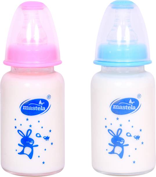 mastela Premium Quality High Borosilicate Glass Feeding Bottle/Feeder with Ultrasoft Flow Control Nipple for New Born Babies/Infants/Toddler (Blue &amp; Pink, 125ml/4Oz) - 125