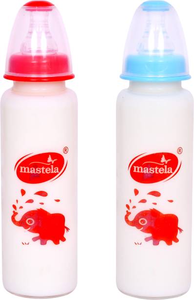 mastela Premium Quality High Borosilicate Glass Feeding Bottle/Feeder with Ultrasoft Flow Control Nipple for New Born Babies/Infants/Toddler (Red &amp; Blue, 250ml/8Oz) - 250