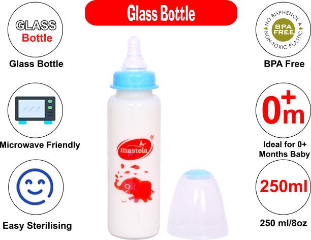 mastela Premium Quality High Borosilicate Glass Feeding Bottle/Feeder with Ultrasoft Flow Control Nipple for New Born Babies/Infants/Toddler (Blue, 250ml/8Oz) - 250