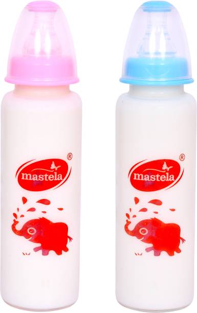 mastela Premium Quality High Borosilicate Glass Feeding Bottle/Feeder with Ultrasoft Flow Control Nipple for New Born Babies/Infants/Toddler (Blue &amp; Pink, 250ml/8Oz) - 250