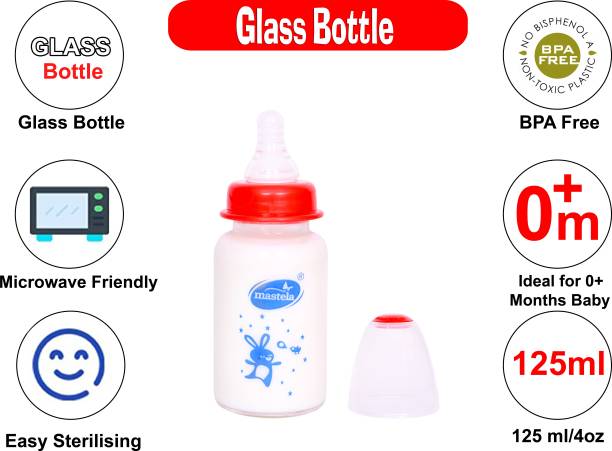 mastela Premium Quality High Borosilicate Glass Feeding Bottle/Feeder with Ultrasoft Flow Control Nipple for New Born Babies/Infants/Toddler (Red, 125ml/4Oz) - 125