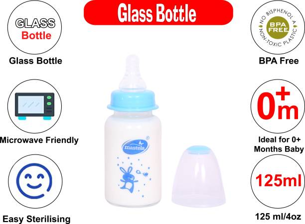 mastela Premium Quality High Borosilicate Glass Feeding Bottle/Feeder with Ultrasoft Flow Control Nipple for New Born Babies/Infants/Toddler (Blue, 125ml/4Oz) - 125