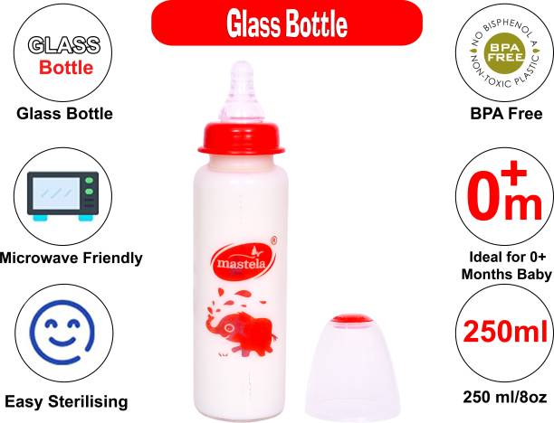 mastela Premium Quality High Borosilicate Glass Feeding Bottle/Feeder with Ultrasoft Flow Control Nipple for New Born Babies/Infants/Toddler (Red, 250ml/8Oz) - 250