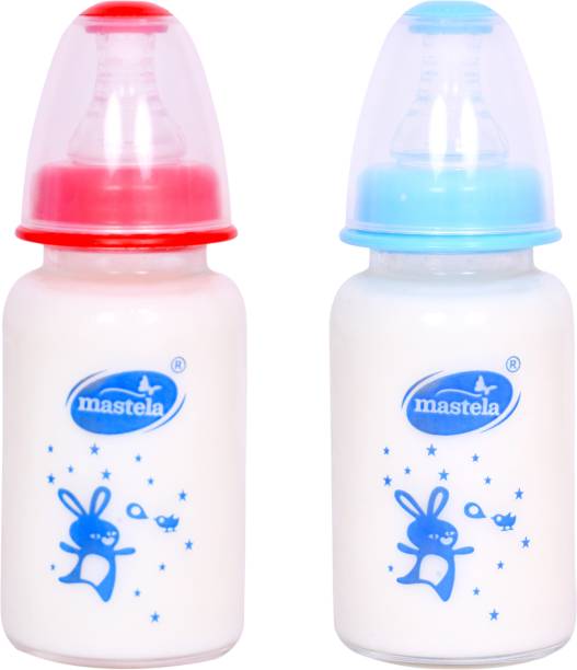 mastela Premium Quality High Borosilicate Glass Feeding Bottle/Feeder with Ultrasoft Flow Control Nipple for New Born Babies/Infants/Toddler (Red &amp; Blue, 125ml/4Oz) - 125