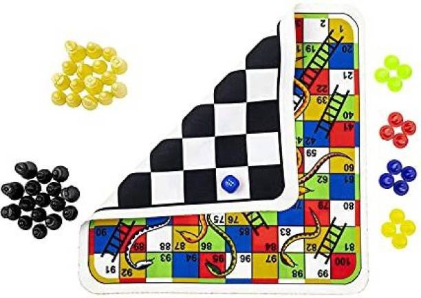 Smartcraft Travel Board Game | Chess- Snake Ladders| Premium Clothes Finish Reversible Game Set (Free Dice & Coins) Party & Fun Games Board Game