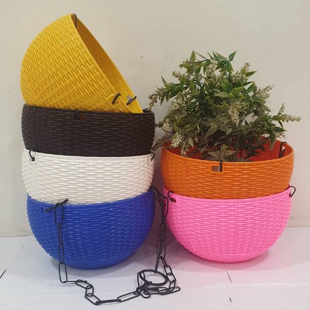 SNSHOPEE SNSHOPEE 7" Attractive woven design beautiful round hanging flower plastic pots with heavy metal chain pots combo high quality designer pots rattan hanging basket euro hanging basket pots & planters indoor pots interior design decoration pots outdoor pots landscape design lawn development gardening hanging flower pots beautiful round nursery gamla flower hanging pot for gardening pots for home garden balcony hanging pots porch pots and planters kitchen gardening terrace garden pots office decor table top pots desk decor plant container set multi color plastic pots (pack of 6) Plant Container Set