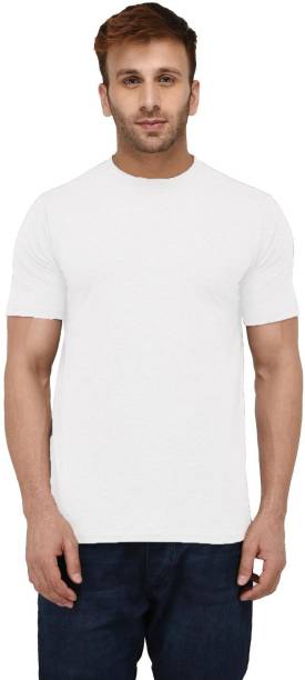 Men Solid Round Neck Cotton Blend White T-Shirt Price in India